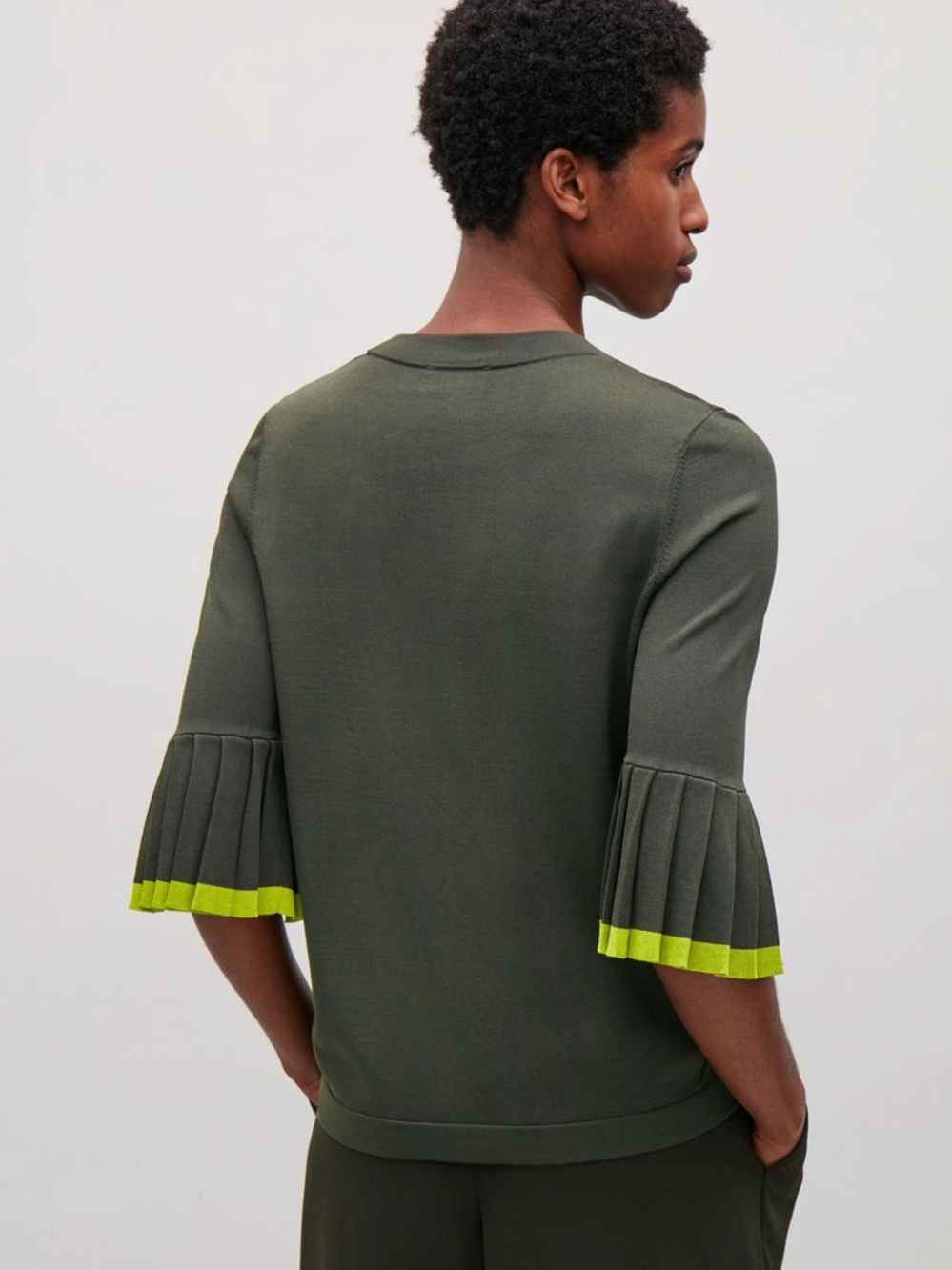 COS - Pleated Sleeve Knit Top in Olive with Lime Trim